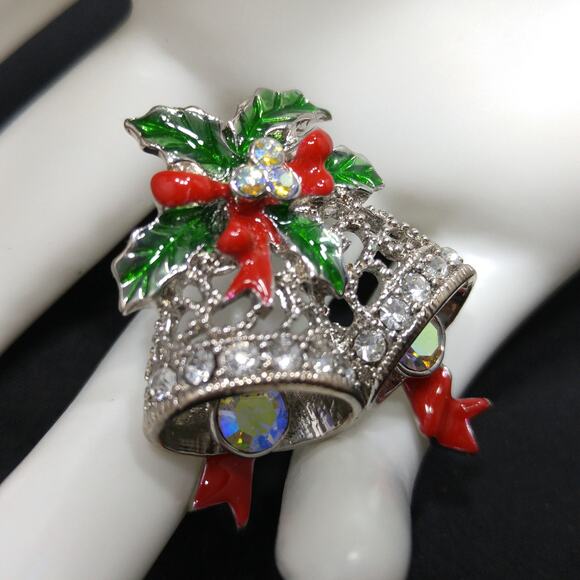 Christmas Bell Poinsettia Brooch, Red Green Enamel, 1960s Vintage Jewelry - Picture 3 of 10